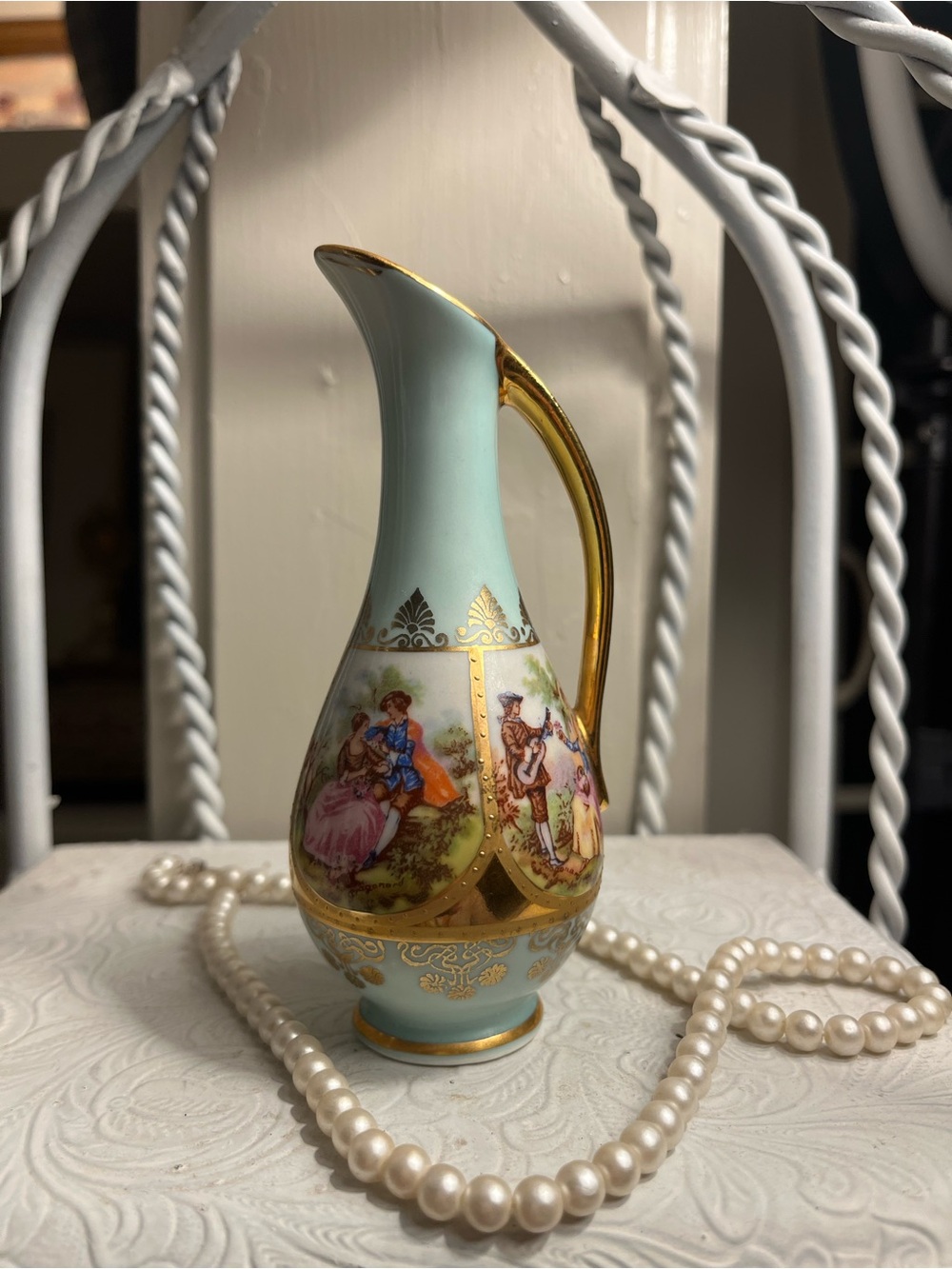 Victorian-Style Mint Green and Gold Porcelain Pitcher with Romantic Scene